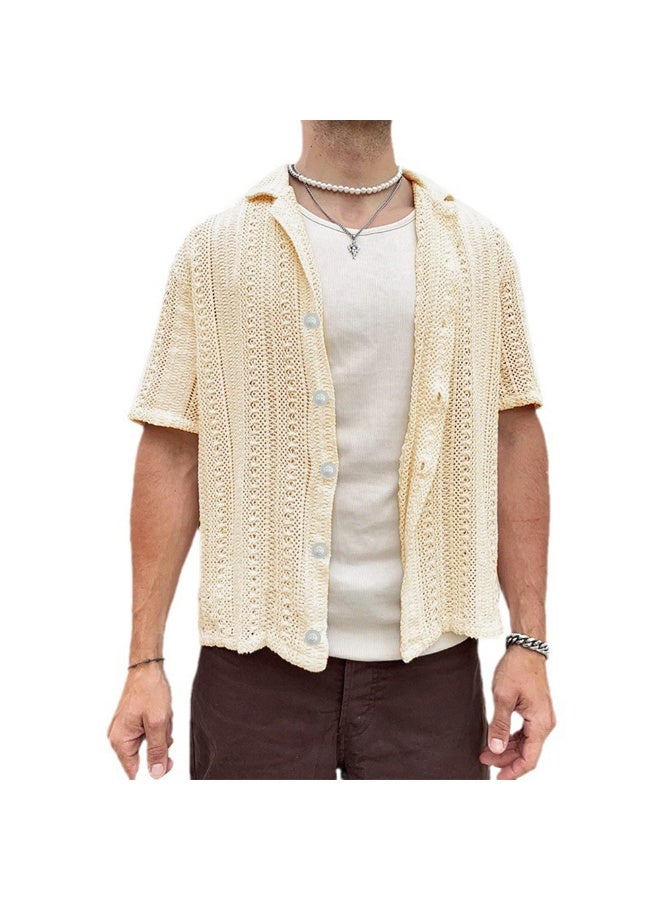 NIBEMINENT Summer Men's Hollow Out Knit Shirt Vintage Button Knitted Cardigan Short Sleeve T-shirt Men's Clothing Minimalist Style - Image 1