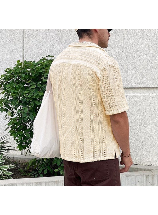 NIBEMINENT Summer Men's Hollow Out Knit Shirt Vintage Button Knitted Cardigan Short Sleeve T-shirt Men's Clothing Minimalist Style - Image 2