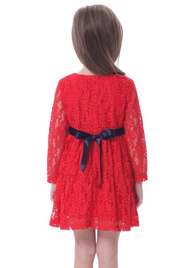 Bonny Billy Girls Long Sleeve Midi Lace Party Kids Dress with Bow Sash Girls Long Sleeve Midi Lace Christmas Dress with, Red, 7-8 Years - Image 2