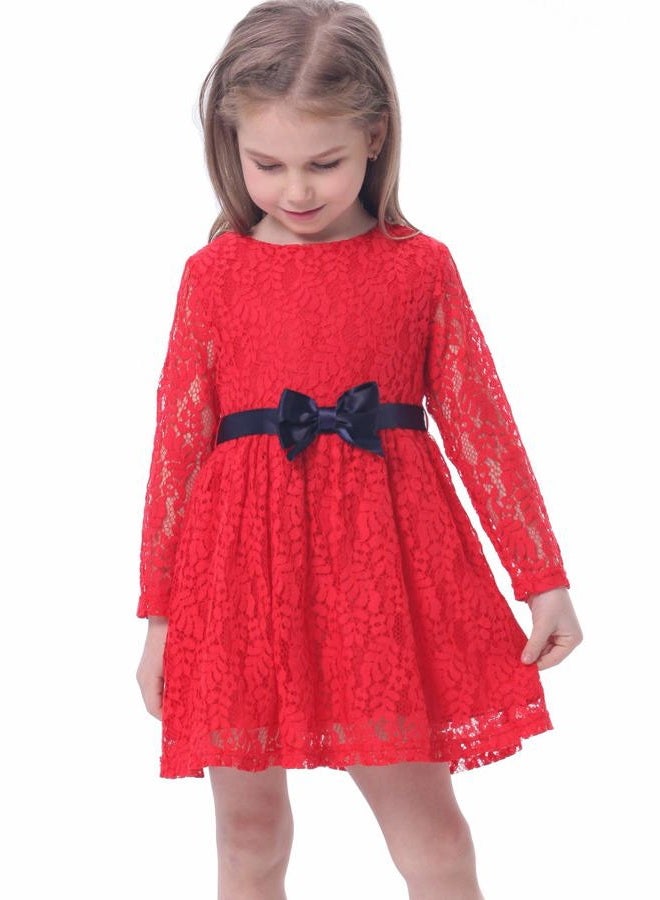 Bonny Billy Girls Long Sleeve Midi Lace Party Kids Dress with Bow Sash Girls Long Sleeve Midi Lace Christmas Dress with, Red, 7-8 Years - Image 1
