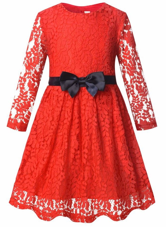 Bonny Billy Girls Long Sleeve Midi Lace Party Kids Dress with Bow Sash Girls Long Sleeve Midi Lace Christmas Dress with, Red, 7-8 Years - Image 3