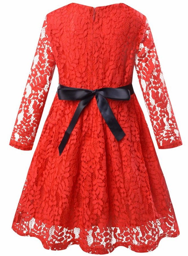 Bonny Billy Girls Long Sleeve Midi Lace Party Kids Dress with Bow Sash Girls Long Sleeve Midi Lace Christmas Dress with, Red, 7-8 Years - Image 4