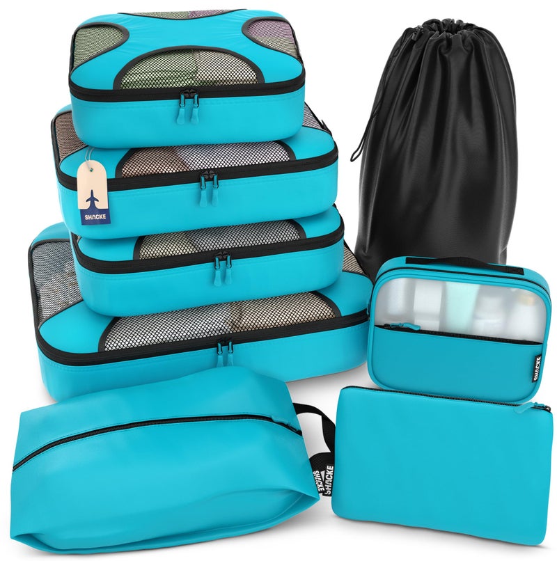 Shacke Packing Cubes for Travel 8 Set - Compression Luggage Organizer Bags - Versatile Travel Organizer for Women and Men - Optimized Packing Bags - Travel Essentials (Aqua Teal) - Image 1