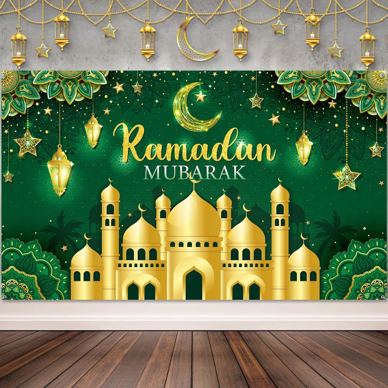 Boyiee Ramadan Mubarak Decorations Backdrop Banner Muslim Ramadan Kareem Background Eid Mubarak Sign Photo Booth Backdrop Background for Home Muslim Eid Al Fitr Party Supplies(Green) - Image 1