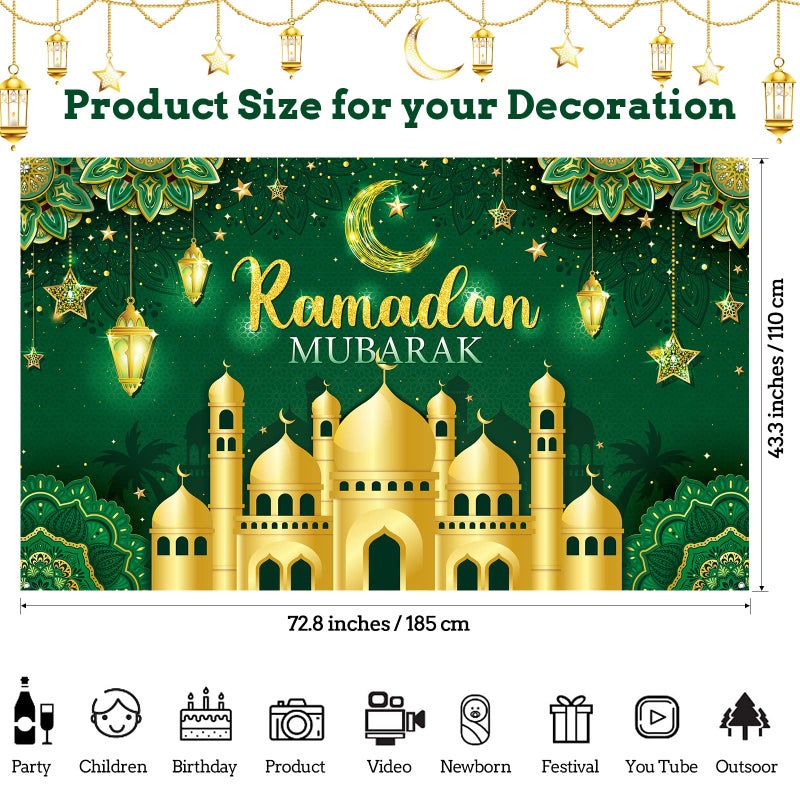 Boyiee Ramadan Mubarak Decorations Backdrop Banner Muslim Ramadan Kareem Background Eid Mubarak Sign Photo Booth Backdrop Background for Home Muslim Eid Al Fitr Party Supplies(Green) - Image 2