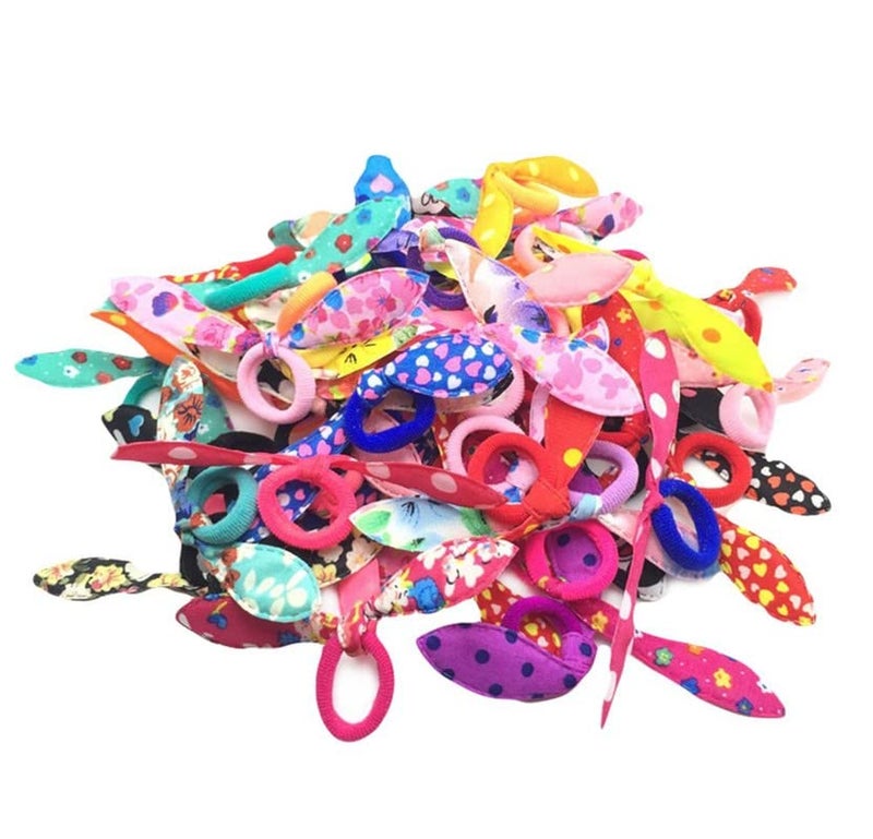 FAMEZA 24 Pieces Children Rubber Bands Hair Ties Cute Toddler Rabbit Ear Hair Ties Seamless No Crease Elastic Cotton Bows Ponytail Holders - Image 1