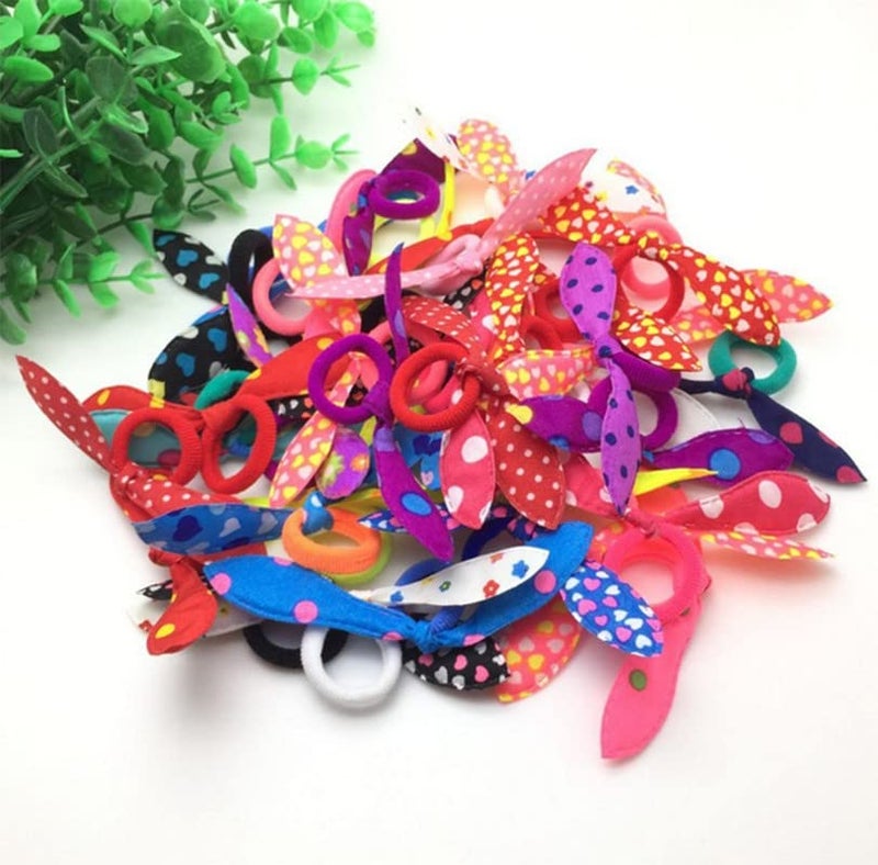FAMEZA 24 Pieces Children Rubber Bands Hair Ties Cute Toddler Rabbit Ear Hair Ties Seamless No Crease Elastic Cotton Bows Ponytail Holders - Image 2