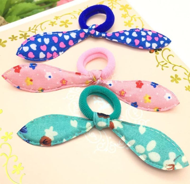 FAMEZA 24 Pieces Children Rubber Bands Hair Ties Cute Toddler Rabbit Ear Hair Ties Seamless No Crease Elastic Cotton Bows Ponytail Holders - Image 5