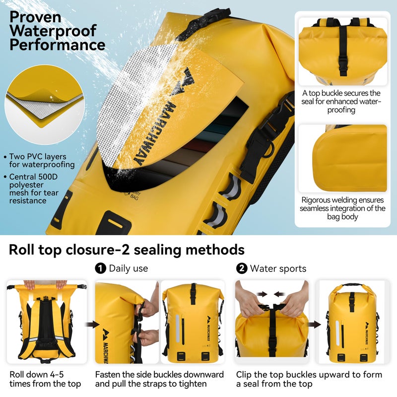 MARCHWAY Roll Top Waterproof Backpack, Floating Dry Bag 20L/30L/45L with Ergonomic Rectangular Base, Cushioned Back, Hip Strap for Hiking Camping Kayaking Travel (Yellow, 20L) - Image 4