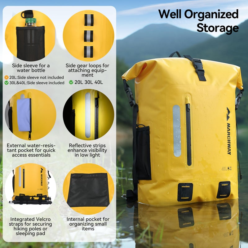 MARCHWAY Roll Top Waterproof Backpack, Floating Dry Bag 20L/30L/45L with Ergonomic Rectangular Base, Cushioned Back, Hip Strap for Hiking Camping Kayaking Travel (Yellow, 20L) - Image 2