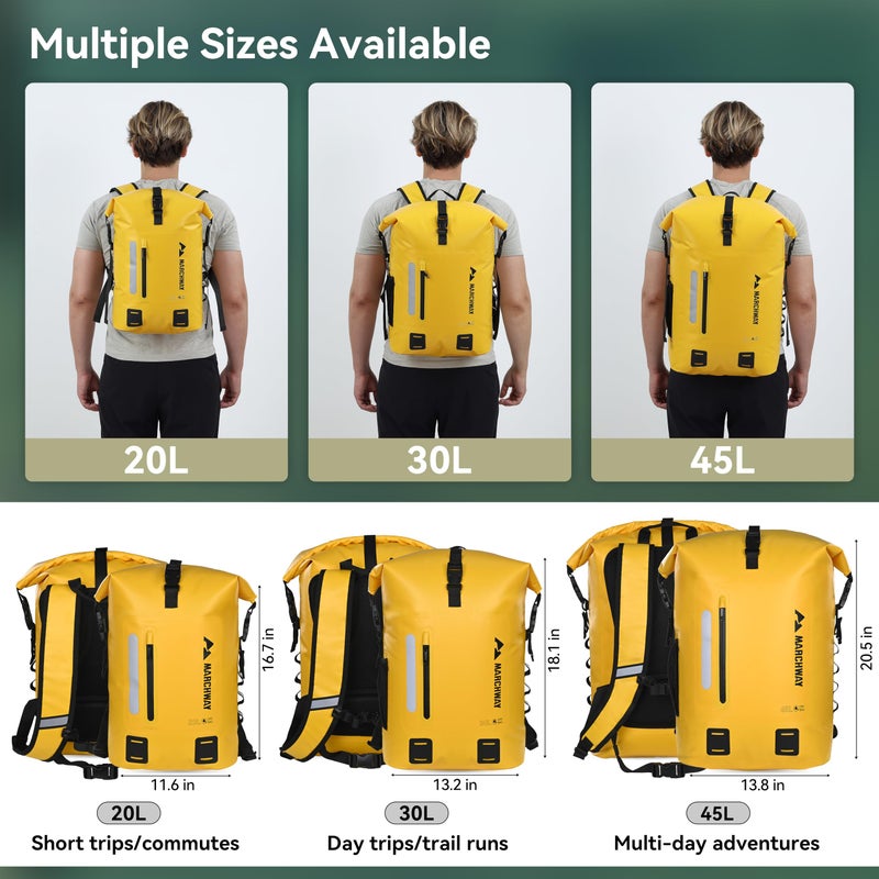 MARCHWAY Roll Top Waterproof Backpack, Floating Dry Bag 20L/30L/45L with Ergonomic Rectangular Base, Cushioned Back, Hip Strap for Hiking Camping Kayaking Travel (Yellow, 20L) - Image 5