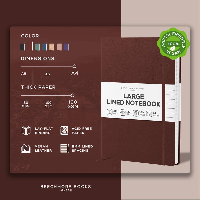 BEECHMORE BOOKS Large Lined Journal Notebook, 8.5" x 11.5" (A4) Hardcover Vegan Leather Executive Diary for Work, Thick 120gsm Paper, Lay-Flat Binding, Gift Box - Image 2