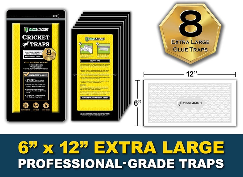 MaxGuard Extra Large Cricket Traps (8 Traps) | Non-Toxic Extra Sticky Glue Board Pre-Baited Cricket Attractant Trap & Kill House Crickets, Insects, Spiders, Bugs - Image 3