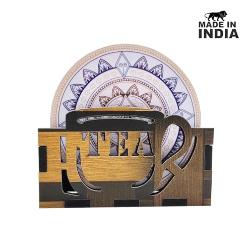 Woodkey Wooden Coaster Set of 6 with Stand ? Mandala Design, Perfect for Tea Cups, Coffee Mugs, Glasses | Mandala Tea Coasters, Dining Table Accessories (3.5 x 3.5 Inch) W101 - Image 4