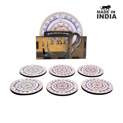 Woodkey Wooden Coaster Set of 6 with Stand ? Mandala Design, Perfect for Tea Cups, Coffee Mugs, Glasses | Mandala Tea Coasters, Dining Table Accessories (3.5 x 3.5 Inch) W101 - Image 5