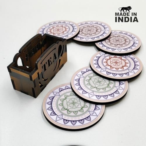 Woodkey Wooden Coaster Set of 6 with Stand ? Mandala Design, Perfect for Tea Cups, Coffee Mugs, Glasses | Mandala Tea Coasters, Dining Table Accessories (3.5 x 3.5 Inch) W101 - Image 3