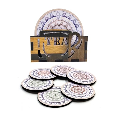 Woodkey Wooden Coaster Set of 6 with Stand ? Mandala Design, Perfect for Tea Cups, Coffee Mugs, Glasses | Mandala Tea Coasters, Dining Table Accessories (3.5 x 3.5 Inch) W101 - Image 1