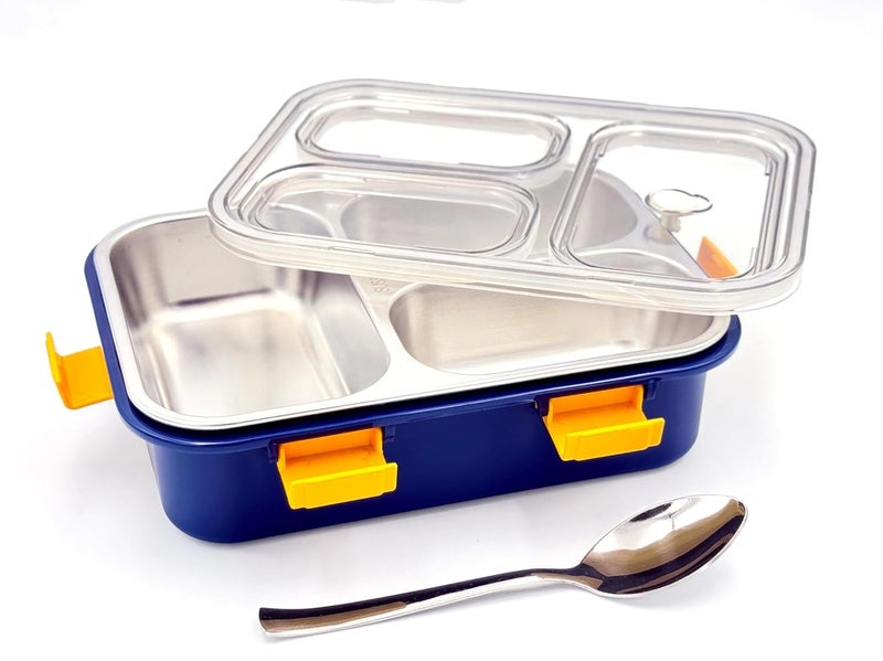EXPORTTANZA 3 Compartment Stainless Steel Lunch Box Leakage Proof Lunch Box for School Kids and Adults Pack of 1 Blue750ML - Image 1