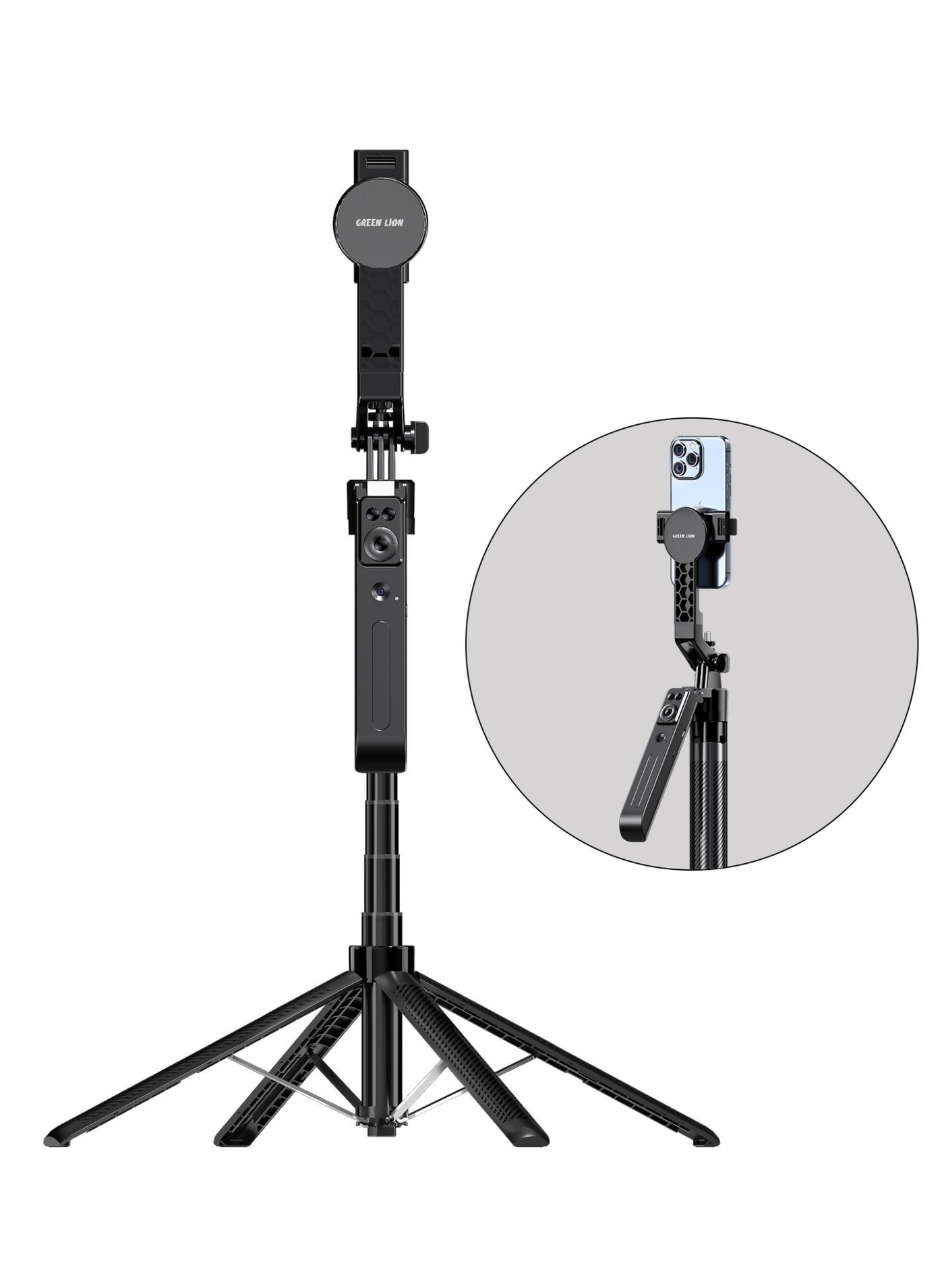 MagSafe AI Tripod with Auto Face Tracking, 360° Smart Tracking, Dual Phone Mount, 4-Axis Rotation, Adjustable Height 32–180cm, Compatible with iPhone, Samsung, Android & iOS, TikTok & Instagram – Black