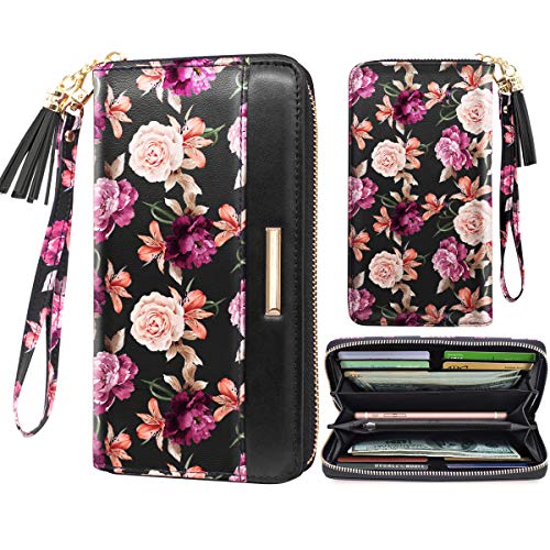 Coco Rossi Wallets for Women Black Rose Flowers PU Leather Card Holder Organizer Ladies Clutch with Tassel Wristlet Wrist strap - Image 1