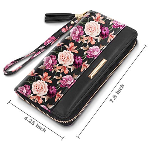 Coco Rossi Wallets for Women Black Rose Flowers PU Leather Card Holder Organizer Ladies Clutch with Tassel Wristlet Wrist strap - Image 2