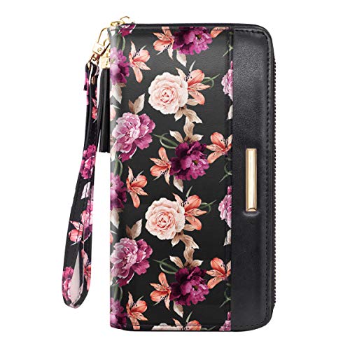 Coco Rossi Wallets for Women Black Rose Flowers PU Leather Card Holder Organizer Ladies Clutch with Tassel Wristlet Wrist strap - Image 4