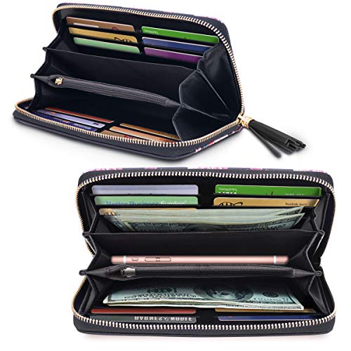 Coco Rossi Wallets for Women Black Rose Flowers PU Leather Card Holder Organizer Ladies Clutch with Tassel Wristlet Wrist strap - Image 3