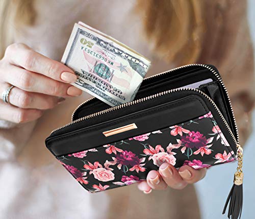 Coco Rossi Wallets for Women Black Rose Flowers PU Leather Card Holder Organizer Ladies Clutch with Tassel Wristlet Wrist strap - Image 5