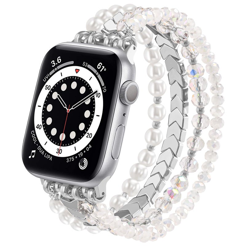 MOFREE Beaded Bracelet Compatible with Apple Watch Band 38mm40mm41mm42mm Fashion Elastic Stretch Women Bands for iWatch Series 1110987SE654321 iPhone Watch Strap Bands White - Image 2