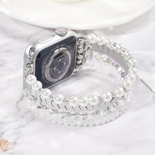 MOFREE Beaded Bracelet Compatible with Apple Watch Band 38mm40mm41mm42mm Fashion Elastic Stretch Women Bands for iWatch Series 1110987SE654321 iPhone Watch Strap Bands White - Image 3