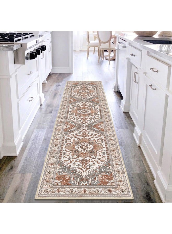 Yamaziot Washable Runner Rug, 2x8 Non-Slip Boho Vintage Hallway Rug Runner with Rubber Backing, Low Pile Faux Wool Distressed Carpet Runner for Bedroom, Kitchen, Laundry, Entrance, Ginger Grey - Image 1