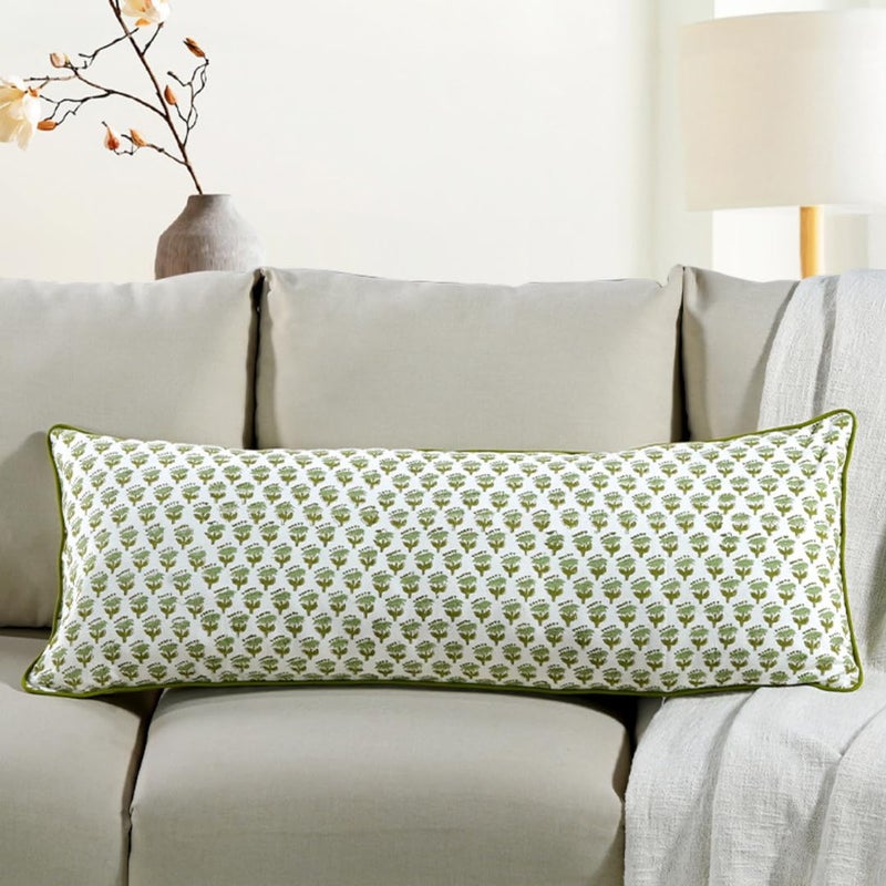 CPC COTTON PRINT CLUB CPC Emerald Green 100% Cotton Block Print Sham Cover 14x36 inch, Handmade Boho Floral Pillowcase, Farmhouse Cottagecore Bedding, Soft Decorative Cushion Cover Gift Spring, Easter - Image 1