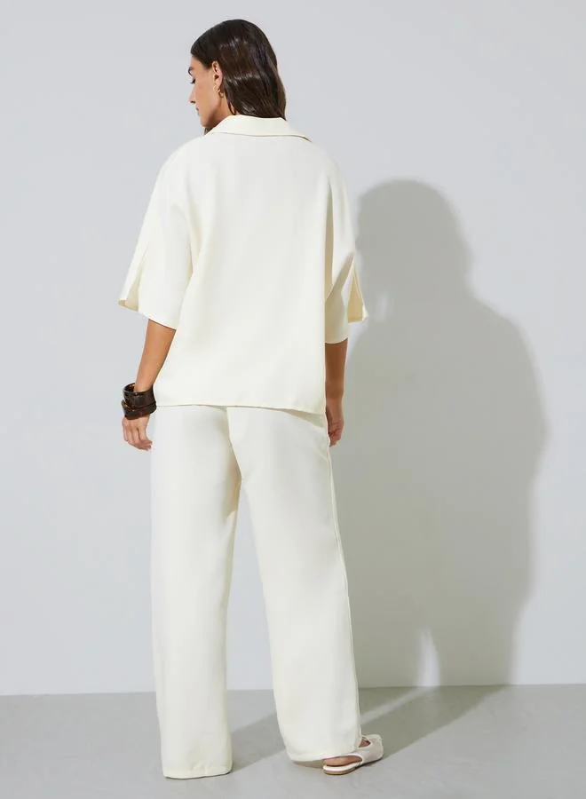 Styli  Beige Solid 3/4 Sleeves Shirt and Wide Leg Pants Co-Ords for Women | Best Price UAE