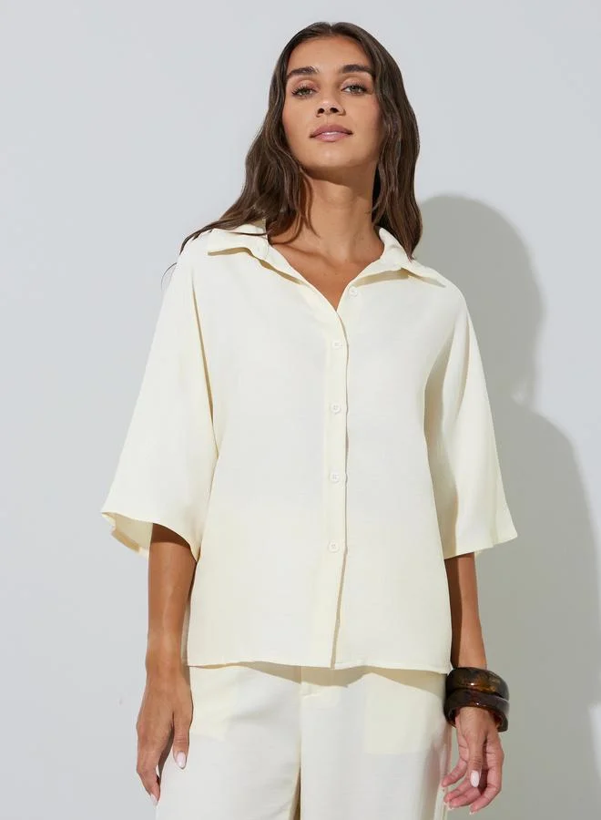 ستايلي Beige Solid 3/4 Sleeves Shirt and Wide Leg Pants Co-Ords