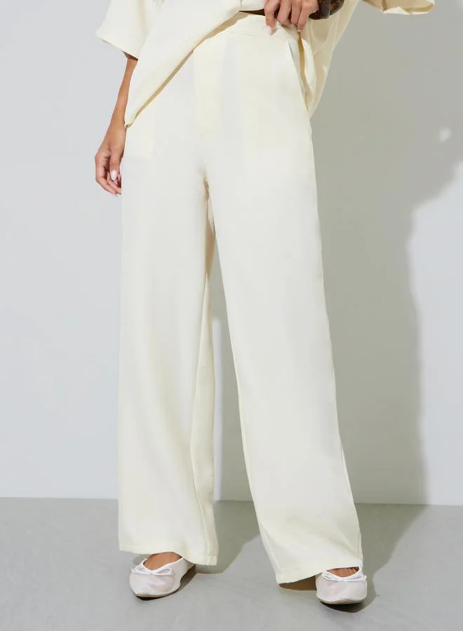 Styli  Beige Solid 3/4 Sleeves Shirt and Wide Leg Pants Co-Ords for Women | Best Price UAE