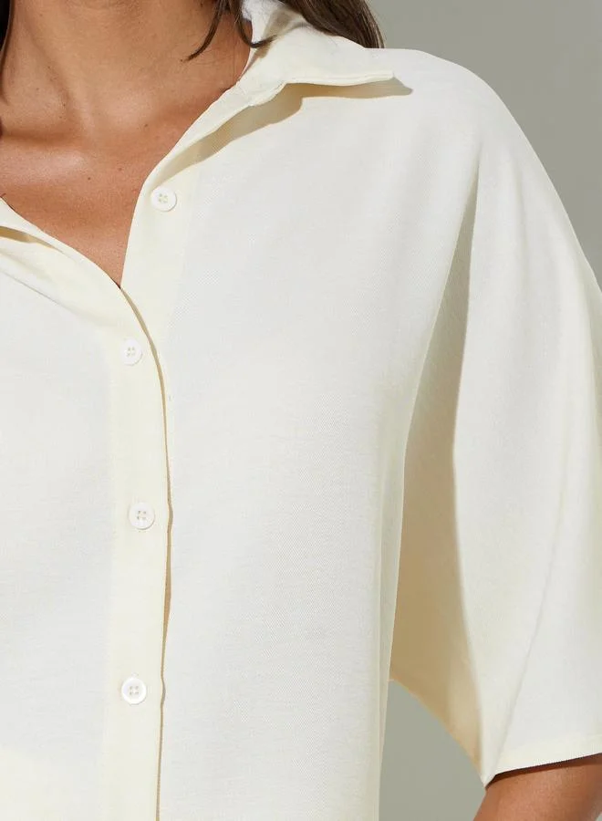 Styli  Beige Solid 3/4 Sleeves Shirt and Wide Leg Pants Co-Ords for Women | Best Price UAE