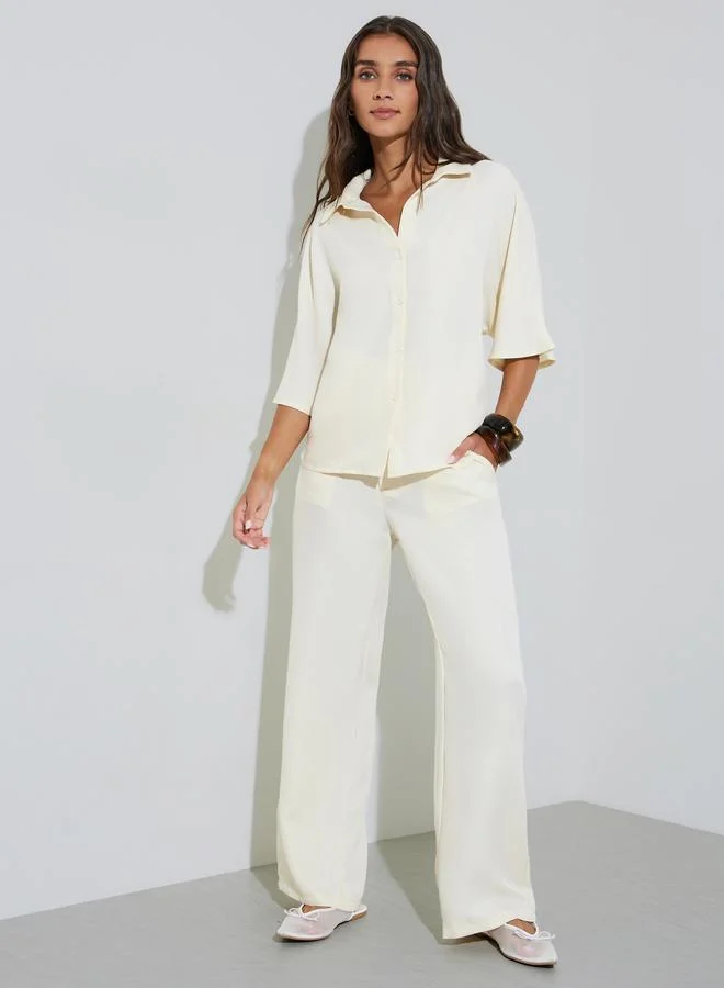 ستايلي Beige Solid 3/4 Sleeves Shirt and Wide Leg Pants Co-Ords