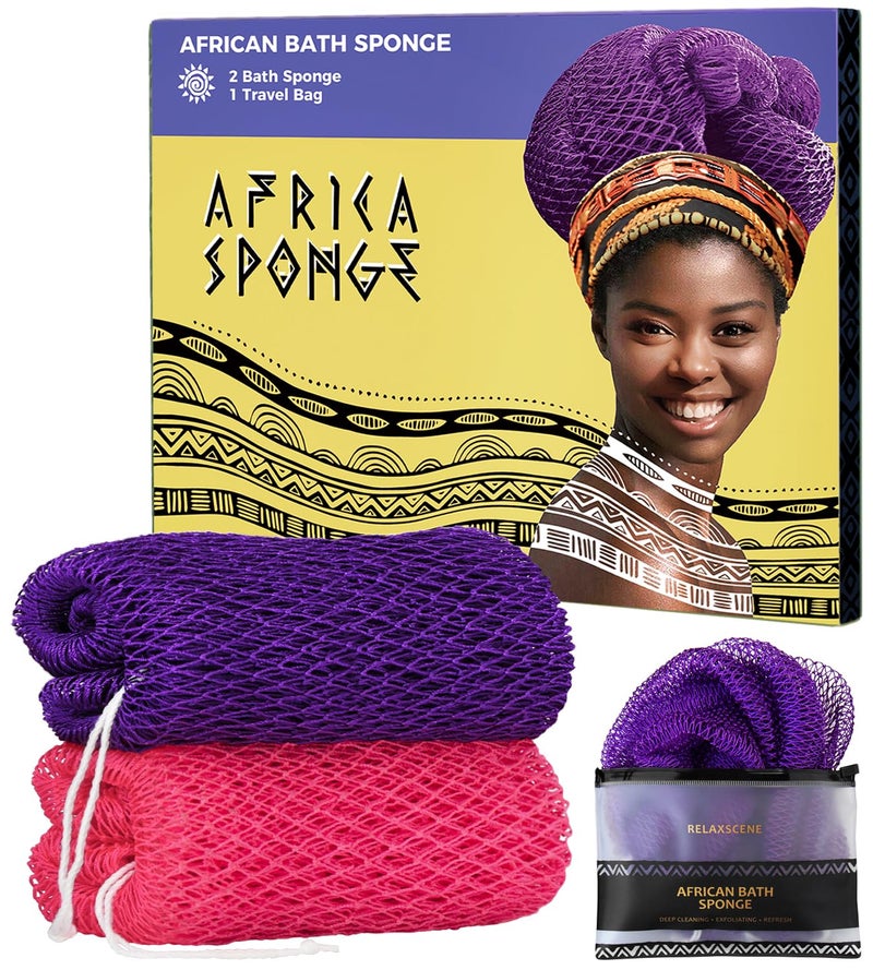 RelaxScene African Net Sponge Authentic - 2 Pieces Exfoliating Body Scrubber Bath Sponge - Loofah Washcloth Back Scrub for Shower Body Exfoliator - Face & Skin Care Bathroom Essentials for Women - Image 1