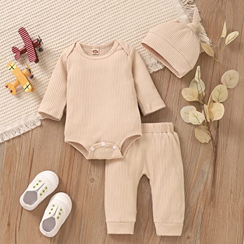 Aalizzwell Preemie Baby Boys Girls Outfits Ribbed Long Sleeve Bodysuit Pants Clothes Set for Fall Winter 2 Pcs Beige Premature - Image 5
