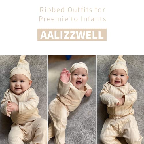 Aalizzwell Preemie Baby Boys Girls Outfits Ribbed Long Sleeve Bodysuit Pants Clothes Set for Fall Winter 2 Pcs Beige Premature - Image 2
