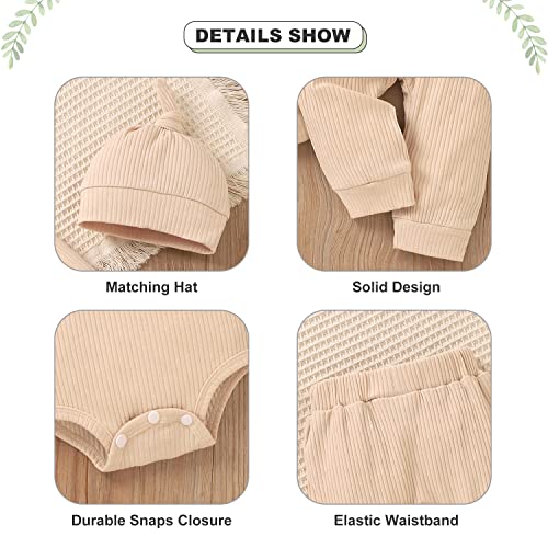 Aalizzwell Preemie Baby Boys Girls Outfits Ribbed Long Sleeve Bodysuit Pants Clothes Set for Fall Winter 2 Pcs Beige Premature - Image 3