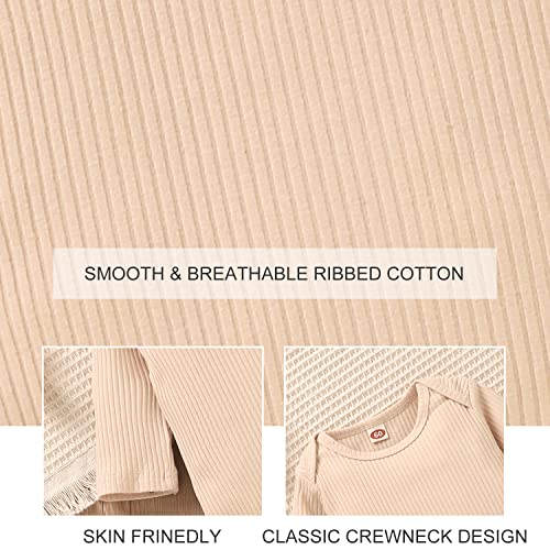 Aalizzwell Preemie Baby Boys Girls Outfits Ribbed Long Sleeve Bodysuit Pants Clothes Set for Fall Winter 2 Pcs Beige Premature - Image 4
