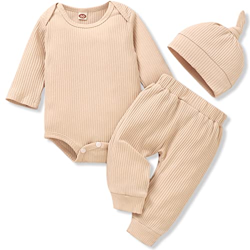 Aalizzwell Preemie Baby Boys Girls Outfits Ribbed Long Sleeve Bodysuit Pants Clothes Set for Fall Winter 2 Pcs Beige Premature - Image 1