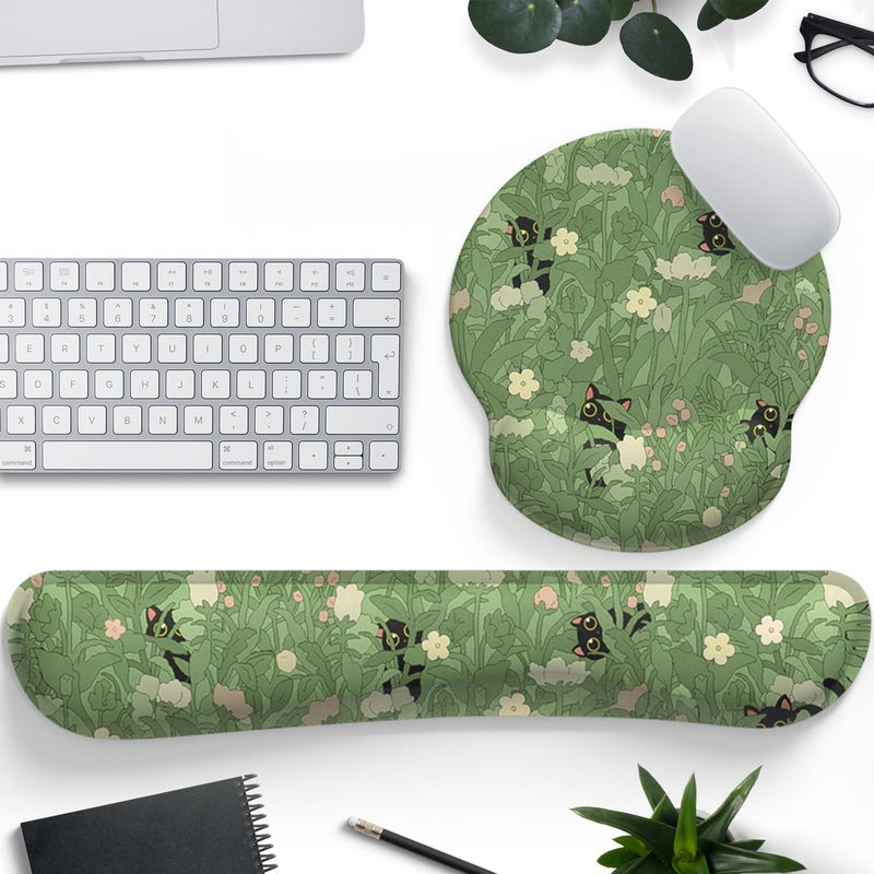 Mechanical Cattle Cute Flower Mouse Pad Wrist Support Ergonomic Green Hide Out Cat, Keyboard Mouse Wrist Rest Non-Slip Gel Anime Kawaii 3D Mouse Pads Wrist Pad,Easy Typing,Pain Relief, Comfortable Computer Mouse Pad. - Image 1