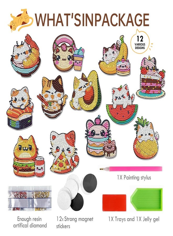 INCOK Cat Diamond Art Magnets Refrigerator - 12 PCS DIY Diamond Painting Kits Pineapple Hamburger Avocado Fridge Magnets Home Decors Art Crafts Birthday Gift for Adults Beginners Cat Lover - Image 4