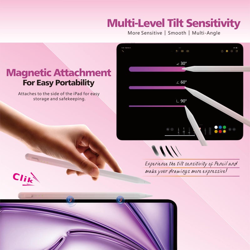 Milikilo Stylus Pen for iPad,14Mins Fast Charge for Apple Pencil,Palm Rejection,Tilt Sensitivity, Pen for iPad11/10/9/8/7/6, Pro 12.9"/11"/13" M4, Mini 6/5, Air 5/4/3/11"-13" M2/M3 with Polishing Cloth - Image 4