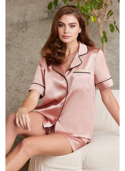 بيير كاردان 1205 Women's Satin Front Buttoned Pajama Set with Shorts-Brandy