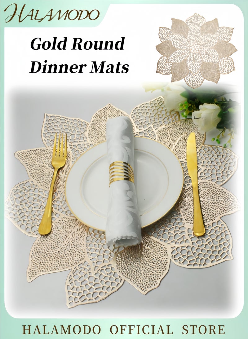 HALAMODO Gold Round Placemats for Dining Table 17 inch Pressed Vinyl Metallic Dinner Mats Lotus Flower Place Mats Non Slip Heat Resistand Tablemats for Holiday & Wedding & Home Table Decoration  - Image 1