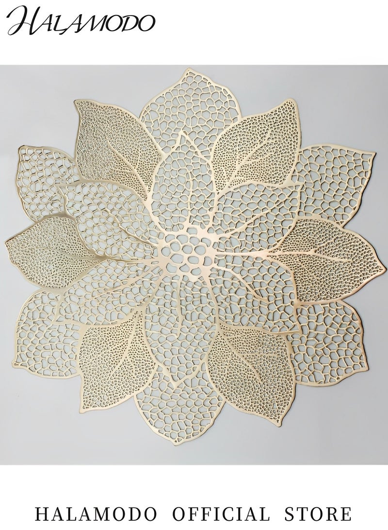 HALAMODO Gold Round Placemats for Dining Table 17 inch Pressed Vinyl Metallic Dinner Mats Lotus Flower Place Mats Non Slip Heat Resistand Tablemats for Holiday & Wedding & Home Table Decoration  - Image 2