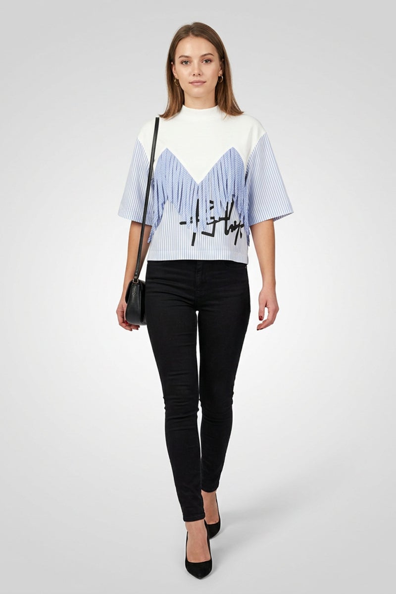 Palm Angels Women Crew Neck Short Sleeve Stripe Top, White - Image 2